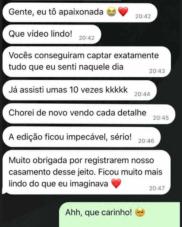 Mensagens de uma noiva agradecendo o vídeo do casamento feito pela TRIVUS