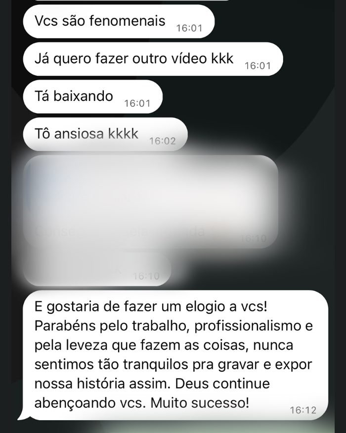Mensagem de cliente elogiando o trabalho da TRIVUS no WhatsApp